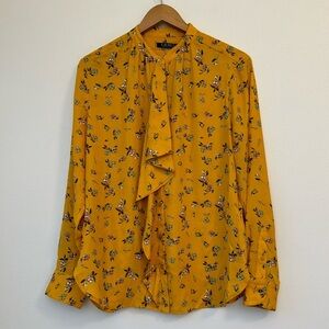 LRL Button Down Ruffled Gold Yellow Floral Blouse Top Button Cuffs Size L